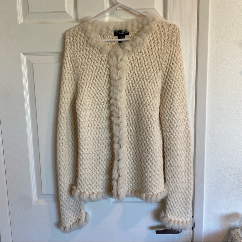 Jones New York Cream Cardigan with Faux Fur Trim